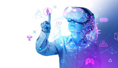 Boy wearing formal wear and vr googles watching at metaverse reality with interface hologram of digital globe, gamepad, picture gallery. Concept of futuristic technology, progressive kids in business