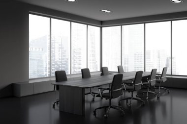 Dark meeting interior with armchairs and table on black concrete floor, side view. Meeting corner with sideboard and panoramic window on skyscrapers. 3D rendering