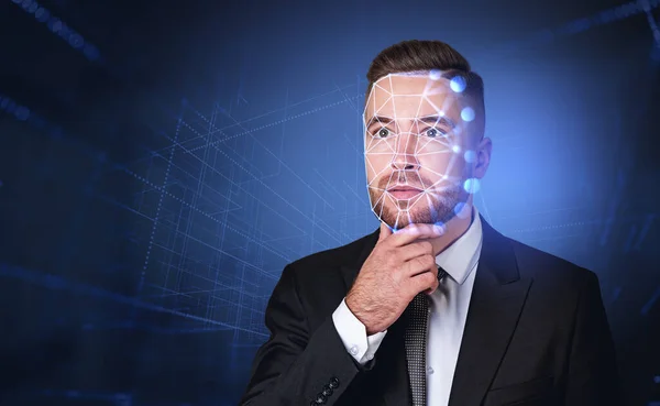 Thoughtful businessman portrait, hand to chin. Digital biometric scanning hologram, face detection and recognition. Concept of face id and artificial intelligence. Copy space