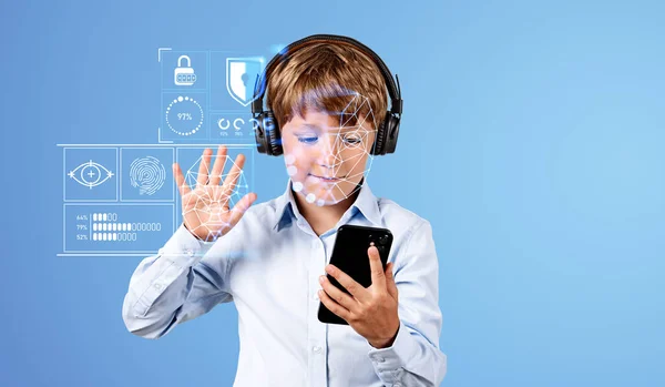 Child Boy Waving Hand Phone Wearing Headphones Biometric Scanning Hud — Stock Photo, Image
