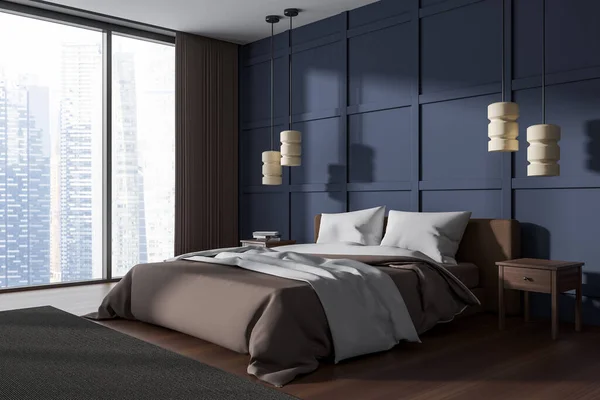 Blue Bedroom Interior Bed Minimalist Decoration Side View Hotel Sleeping — Foto de Stock