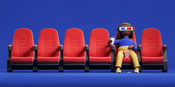 African cartoon woman in red theater chair, pop corn and drink in hand. Spectator in 3D glasses watching a movie. Concept of cinema and immersion. 3D rendering