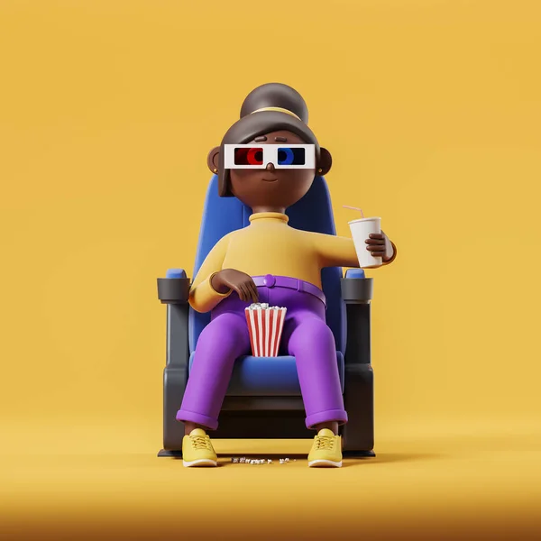 Black cartoon woman with pop corn and drink wearing 3D glasses, yellow background. Concept of cinema and immersion. 3D rendering