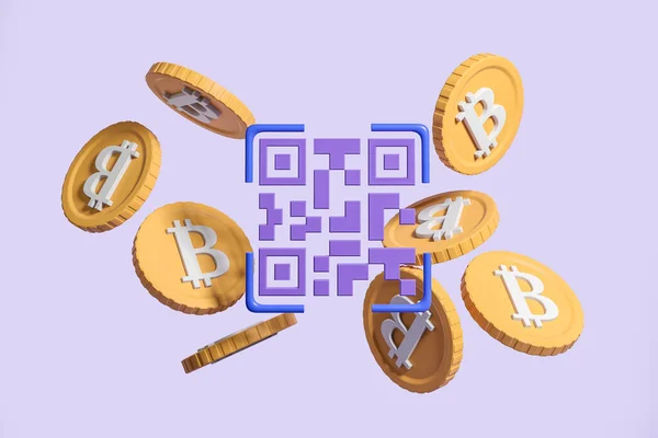 Code Flying Gold Bitcoins Purple Background Concept Internet Money Transactions — Stock Photo, Image