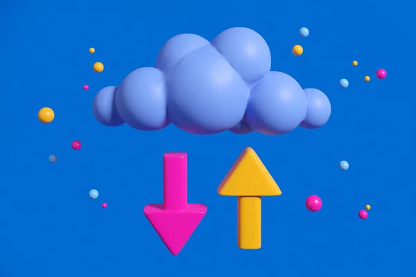 2本の矢で抽象的な雲 情報を転送するデジタルサービス クラウド技術とデータストレージの概念 3Dレンダリング — ストック写真