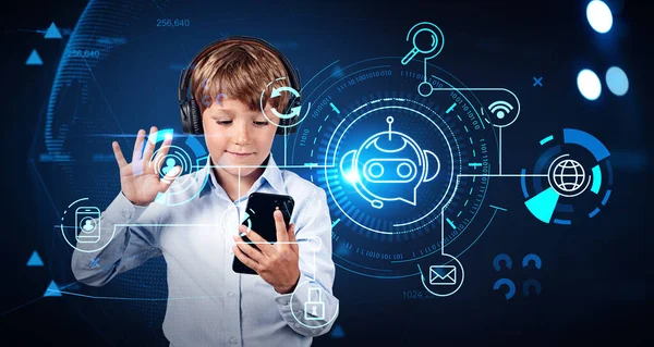 Barnebarnet Bruker Hodetelefoner Vinker Med Hånden Til Telefonen Stemmeskravle Hologram – stockfoto