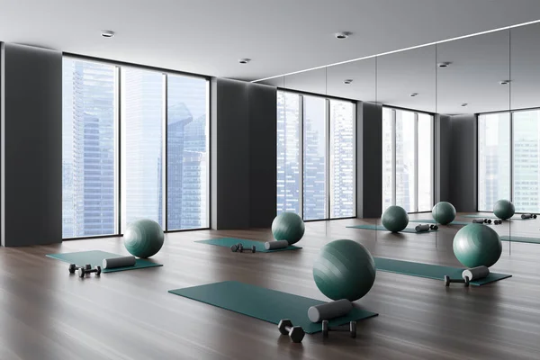 Dark Modern Sport Class Interior Yoga Mat Fitball Side View — Stock Photo, Image