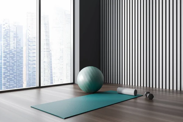 Dark Fitness Gym Interior Exercise Mat Ball Dumbbell Grey Wall — 图库照片