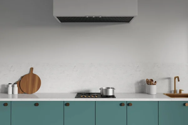 White Blue Kitchen Interior Cooking Area Sink Stove Modern Kitchenware — Stock Photo, Image