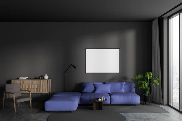 Front view on dark living room interior with empty poster, grey wall, couch, armchair, concrete floor, panoramic window. Concept of minimalist design. Place for meeting. Mock up. 3d rendering