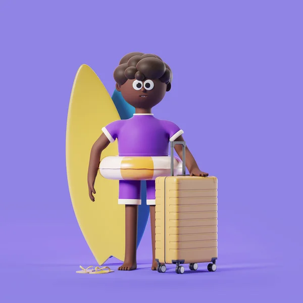 Black Cartoon Man Suitcase Different Beach Accessories Purple Background Concept — Fotografia de Stock