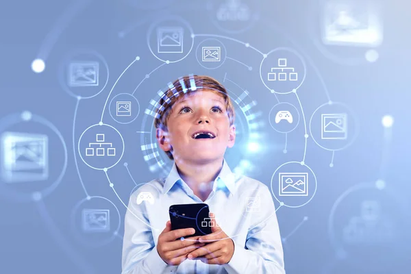 Happy Child Boy Phone Hand Looking Digital Hologram Nft Artwork — Stock Photo, Image