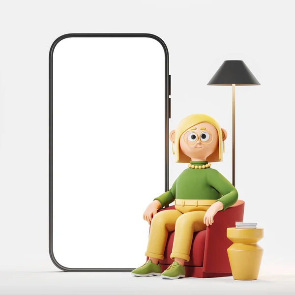 Cartoon Woman Sitting Cozy Armchair Large Mockup Blank Smartphone Screen — Foto Stock