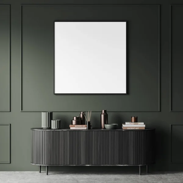 Green Living Room Interior Black Wooden Dresser Modern Art Decoration — Foto de Stock