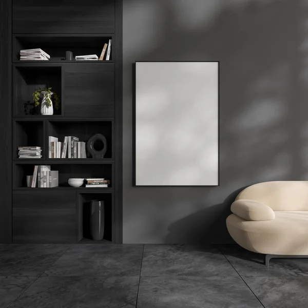 Dark Living Room Interior Empty White Poster Grey Wall Sofa — Photo