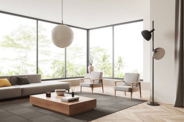 Beige relax room interior with sofa and two armchairs, side view, coffee table with decoration on carpet, hardwood floor. Panoramic window on tropics. 3D rendering