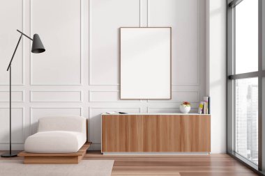 White living room interior with soft armchair on carpet, hardwood floor. Drawer with decoration and panoramic window on city view. Mock up poster. 3D rendering