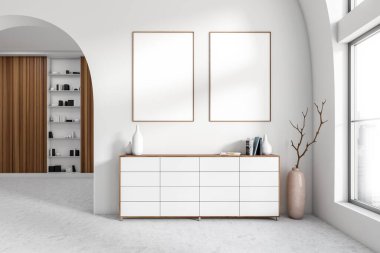 White living room interior with shelf and sideboard on light concrete floor. Art space with decoration and books in modern apartment. Panoramic window on city view. Mock up poster, 3D rendering