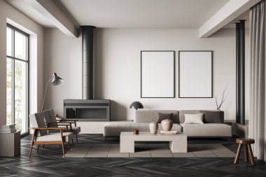 Bright living room interior in apartment, two armchairs, sofa and coffee table, fireplace, carpet on dark grey hardwood floor. Two mock up blank posters. 3D rendering