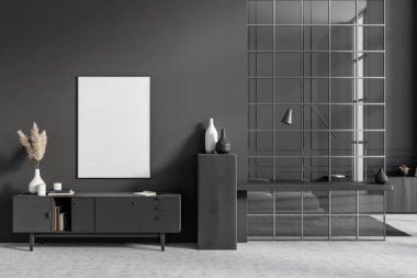 Dark living room interior with modern sideboard with decoration, sofa behind glass partition, grey concrete floor. Mock up canvas poster, 3D rendering