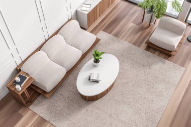 Top view of white living room interior with sofa, coffee table on carpet, hardwood floor. Drawer with decoration near window on city view. 3D rendering