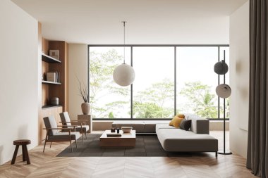 Beige living room interior with sofa and two armchairs, coffee table with decoration on carpet, hardwood floor. Panoramic window on tropics. 3D rendering