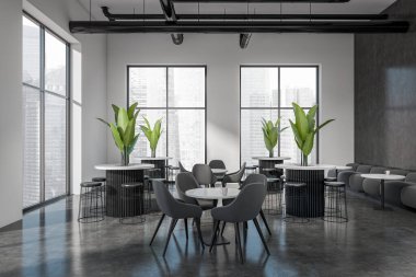 Cafe interior with armchairs and table, bar chairs and sofa. Dining open space and dark concrete floor. Panoramic window on Singapore city view. Eating space with modern furniture. 3D rendering