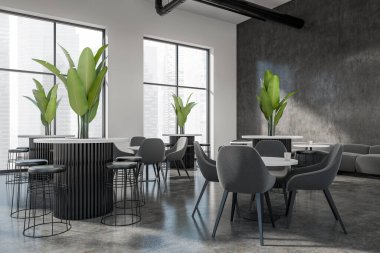 Cafe interior with armchairs and table, bar seats and sofa, side view. Restaurant dining area and grey dark concrete floor. Panoramic window on Singapore city view. 3D rendering