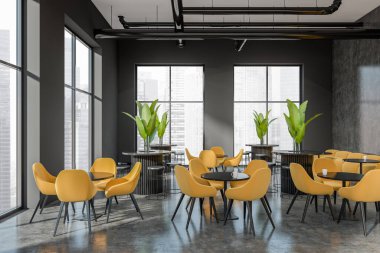Dark cafe interior with yellow armchairs and table, bar chairs and sofa. Dining open space on grey concrete floor. Panoramic window on Singapore city view. 3D rendering