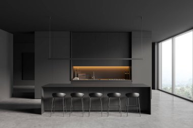 Dark kitchen interior with bar chairs and countertop, grey concrete floor. Kitchenware on shelf with backlight. Dining area with panoramic window on countryside. 3D rendering