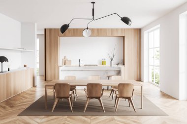 Modern dining interior with wooden table, chairs and marble countertop on hardwood floor. Eating room with kitchenware and decoration, panoramic window on tropics. 3D rendering