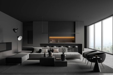 Studio interior with chill space, sofa and island with bar chairs, front view. Open space kitchen in hotel apartment, panoramic window on countryside. 3D rendering