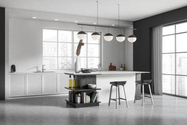 Modern kitchen interior with bar chairs and countertop, side view, light grey concrete floor. Kitchenware with decoration. Cooking area with panoramic window on city view. 3D rendering