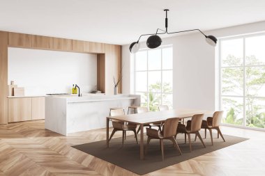 White dining interior with table, chairs, bar island with stool on hardwood floor. Cooking space, side view, panoramic window on tropics. 3D rendering