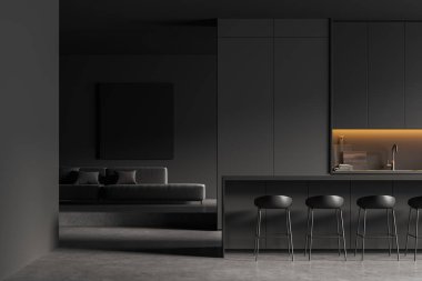 Dark studio interior with sofa in hall with art poster, bar chairs and countertop on grey concrete floor. Chill zone and eating space with modern furniture, 3D rendering