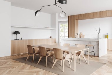 White dining interior with table, chairs, marble countertop with stool on hardwood floor. Cooking space, side view, drawer with decoration, panoramic window on tropics. 3D rendering