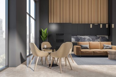 Hotel studio interior with dining table and armchairs, relax area with sofa, kitchen appliances. Panoramic window with New York city view. 3D rendering