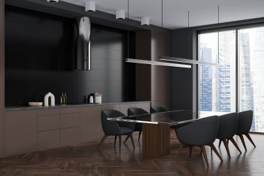 Dark kitchen interior with chairs and glass table, side view, hardwood floor. Dining area and kitchenware, panoramic window on Singapore city view, 3D rendering