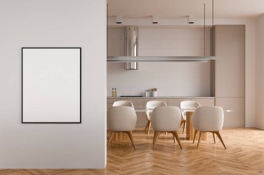 White kitchen interior with armchairs and dining table on hardwood floor. Kitchenware with hood, front view. Mockup poster before entrance. 3D rendering