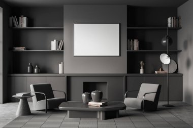 Dark living room interior with two armchairs and coffee table, fireplace and shelf with decoration, carpet on grey concrete floor. Mock up blank poster. 3D rendering