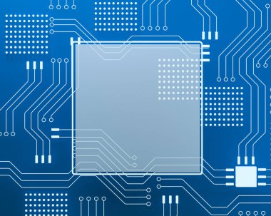 Computer processor microchip, blue background. Circuit lines, CPU and engineering. Copy space. 3D rendering