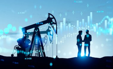 Two businessman talking near drilling rig and stock market, forex hud with numbers and candlesticks. Financial data with chart and analysis. Concept of mining and teamwork