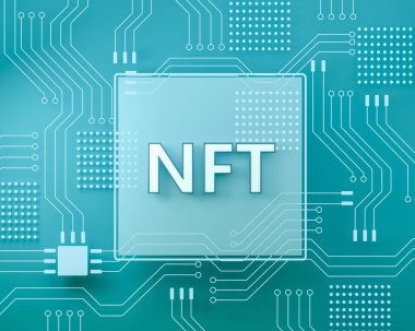 NFT and computer processor microchip, light green background. Circuit lines, CPU and blockchain. Concept of cryptocurrency. 3D rendering
