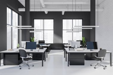 Office interior with armchairs and desk with pc computer, white concrete floor. Brick loft open space with panoramic window on Singapore city view. 3D rendering