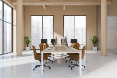 Light coworking interior with armchairs and pc computer in row, white concrete floor. Office loft with panoramic window on Singapore city view. 3D rendering