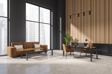 Dark consulting room interior with laptop on desk, side view, lounge zone with coffee table on beige concrete floor. Panoramic window on Singapore city view. 3D rendering