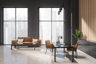 Dark consulting room interior with laptop on desk, side view, lounge zone with coffee table on beige concrete floor. Panoramic window on Singapore city view. 3D rendering