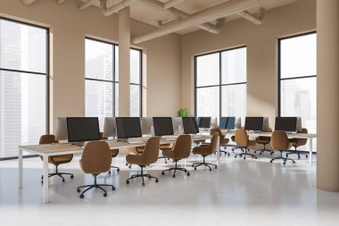 Brown office interior with armchairs and pc computer in row, side view, white concrete floor. Coworking loft with panoramic window on Singapore city view. 3D rendering