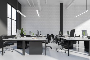 Coworking interior with armchairs and pc computer on desk, white concrete floor. Office loft with panoramic window on Singapore city view. 3D rendering