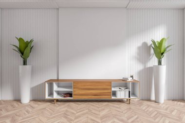 White office interior with sideboard and books on rack, two plants on hardwood floor, minimalist decoration in business hall. Mockup empty wall, 3D rendering